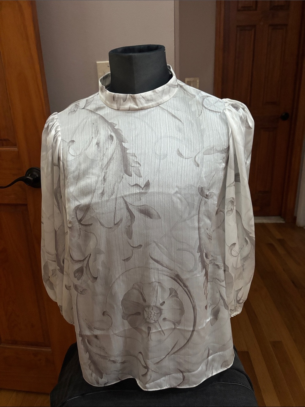 High-Neck Ted Baker Cream Blouse with Subtle Taupe Floral Print NWT
